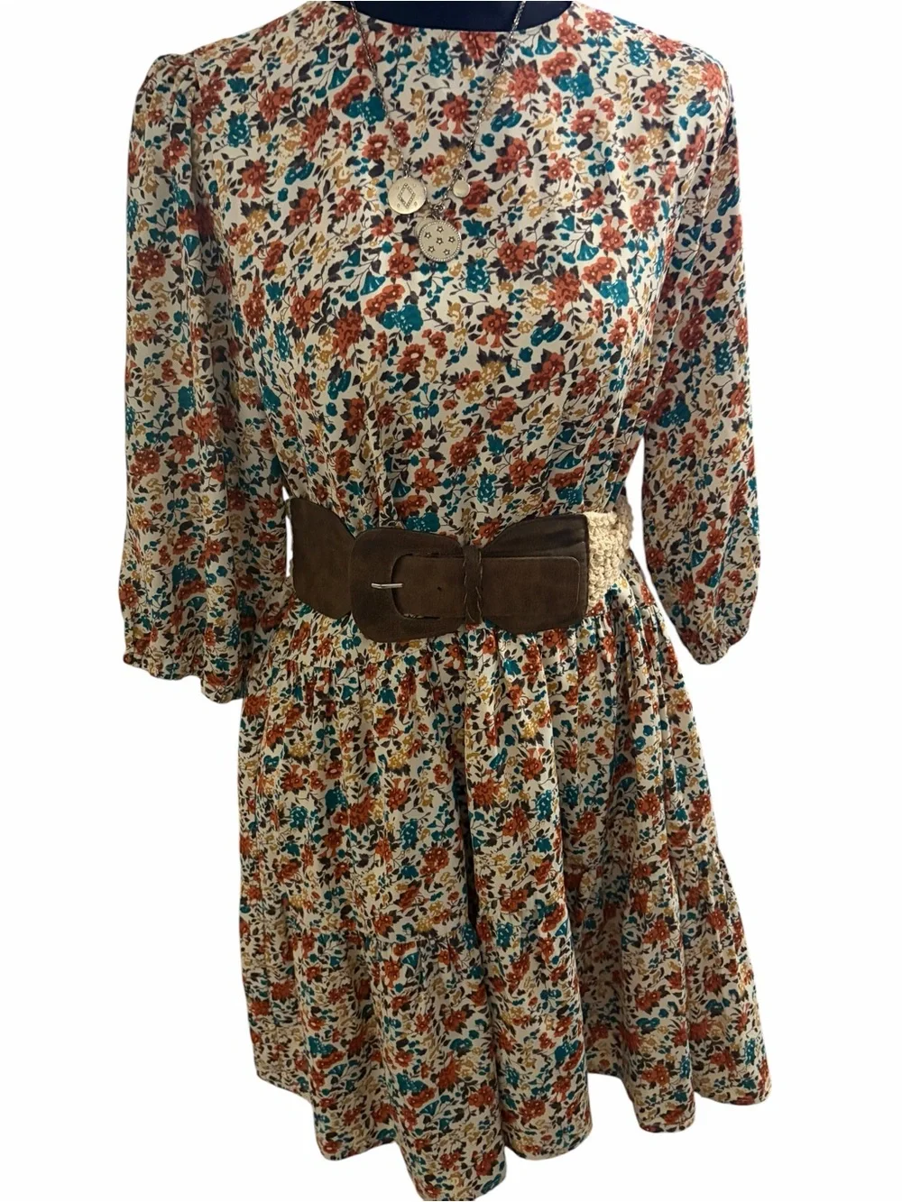 Pink Lily Cream Floral Dress with Rust and Teal Accents - Picture 2 of 7